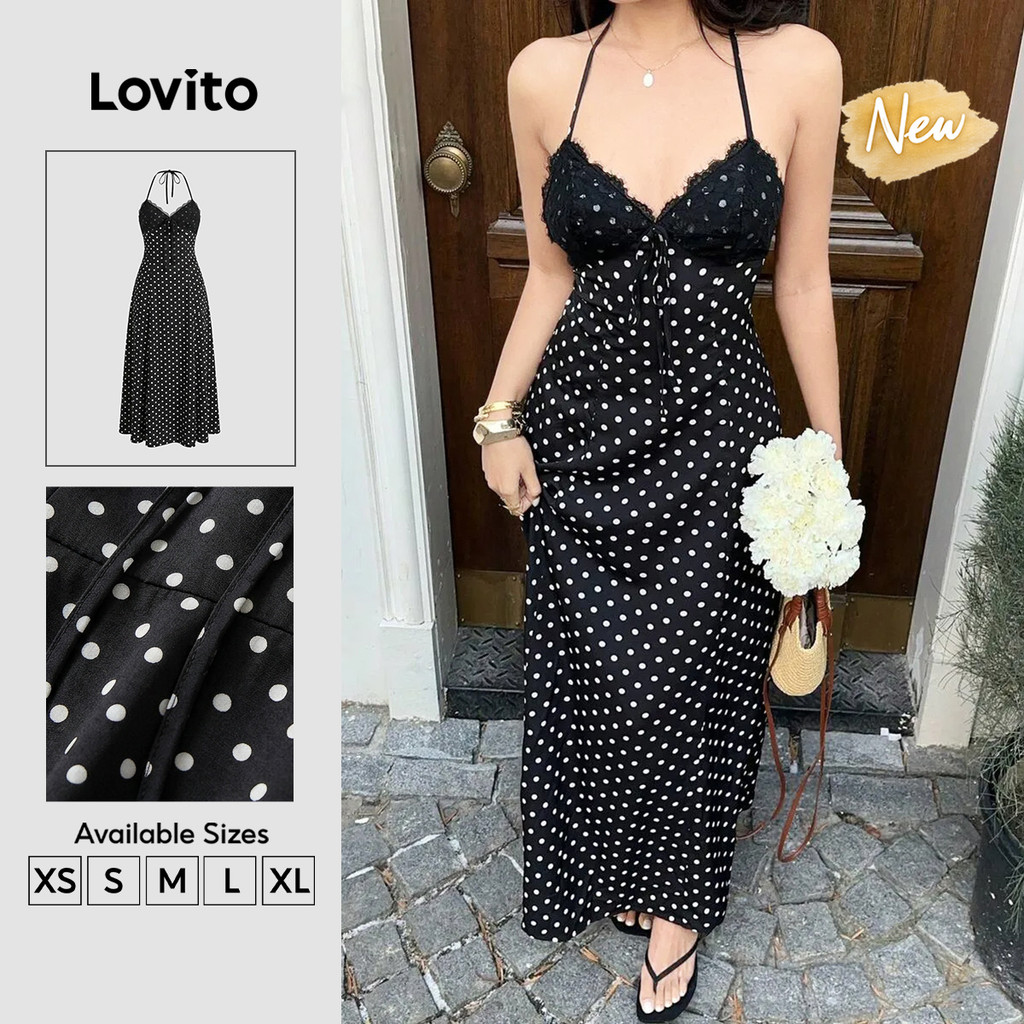 (New Arrival) Lovito Vestido Feminino Elegante Retrô Anos 90 Com Blocos De Cores E Renda Preto Para Primavera/verão DRK9P1D1241