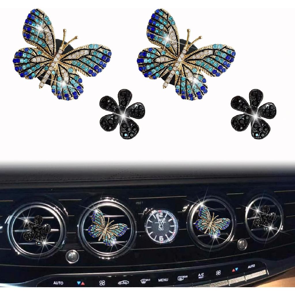 4 Peças Azul Bling Borboleta E Margarida Preta Purificadores De Ar De Carro Clipes De Ventilação Difusor Clipe Strass De