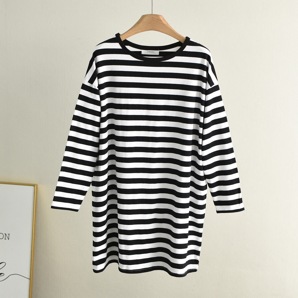 Estilo preguiçoso preto branco listrado manga comprida camiseta saia feminina início do outono nicho Design Casual solto