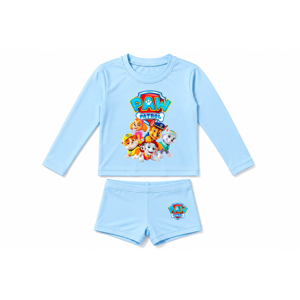 Conjunto Camisa Sunga Proteção Solar Uv FPU50+ Infantil Meninos Praia Desenhos Patrulha Canina Personagens Sky Rocky