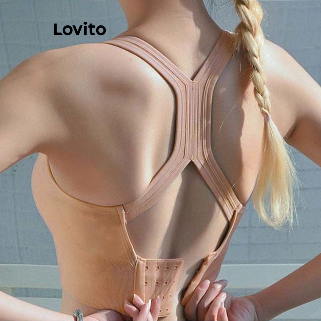 Lovito Casual Sutiã Esportivo Liso Sem Costas Cruzado Top Sustentação Corrida Academia Firme Alça Fina Feminino LNL47047