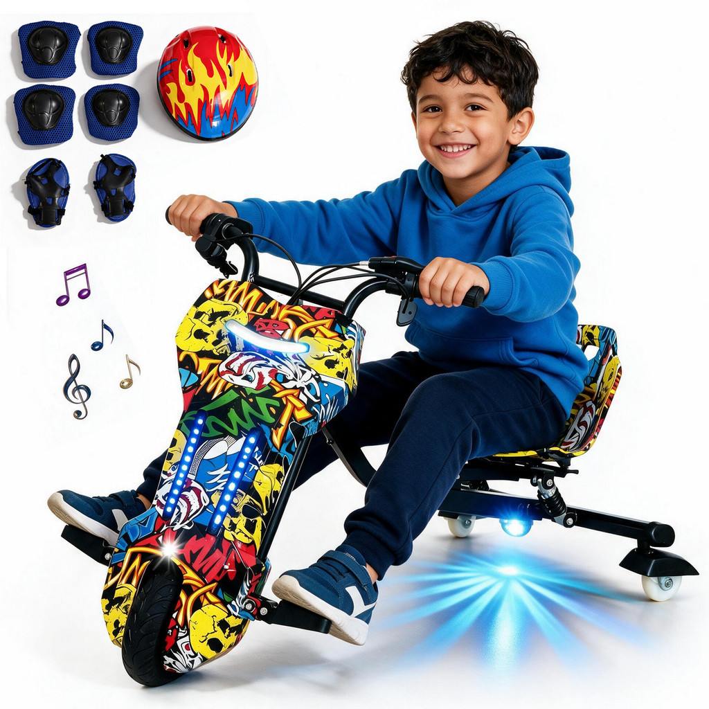 Triciclo Drift Elétrico 350W Drifting Infantil Adulto 3 Vel 15km/h Amortecedor Freio de Mão RGB LED Bluetoothe Música