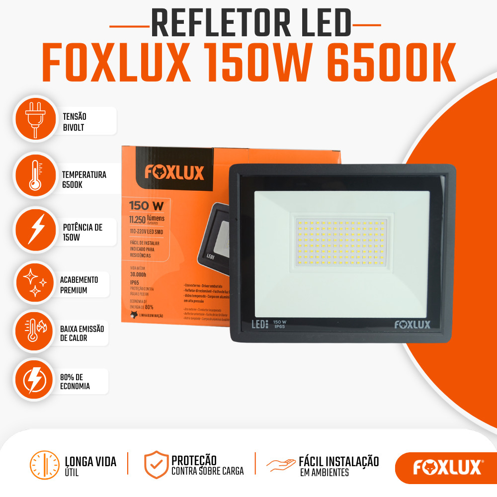Refletor LED 150W Foxlux 6500K Branco Frio IP65 Resistente a Água Bivolt