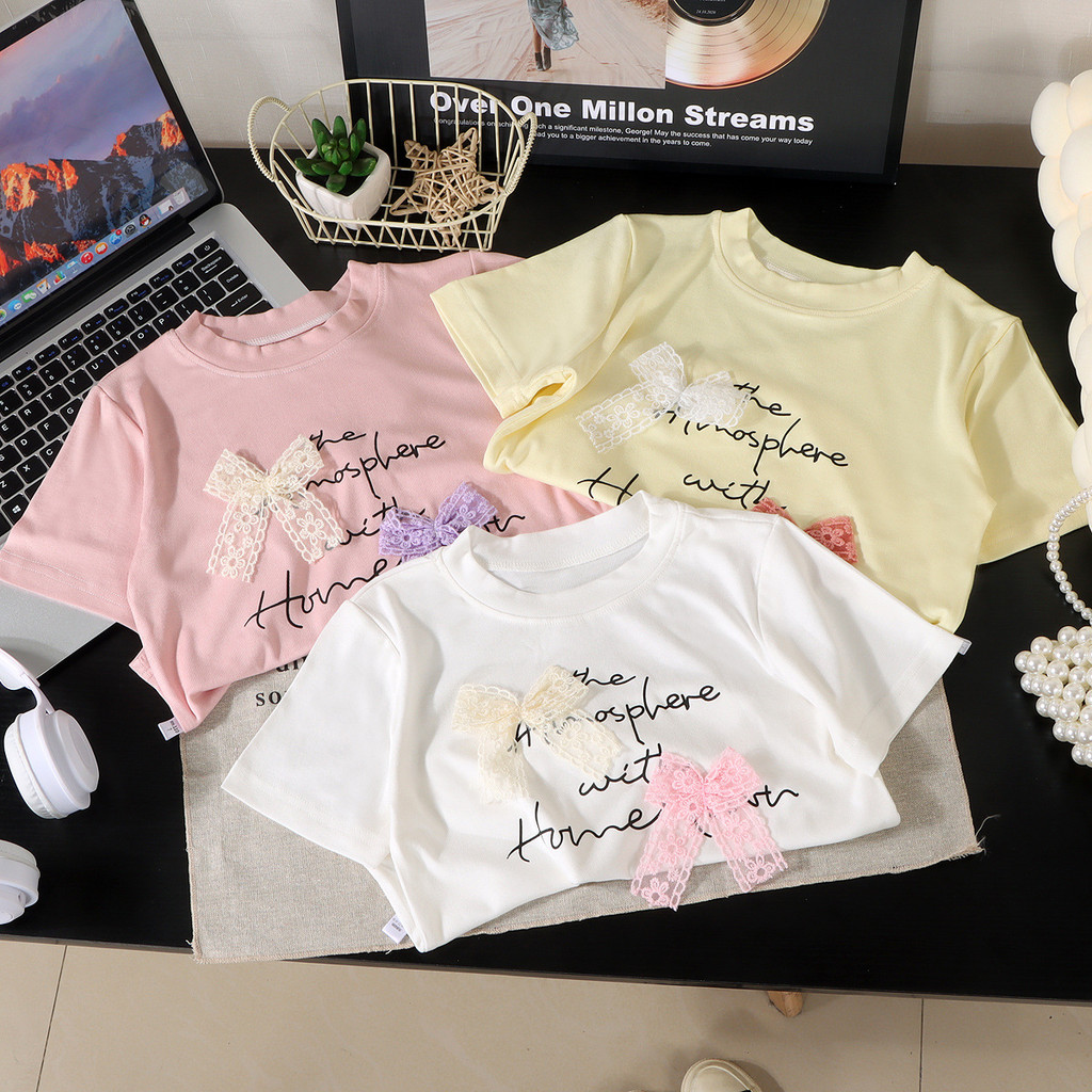 2025 verão novo estilo em torno do pescoço respirável manga curta camiseta meninas versão coreana na moda crianças topo 