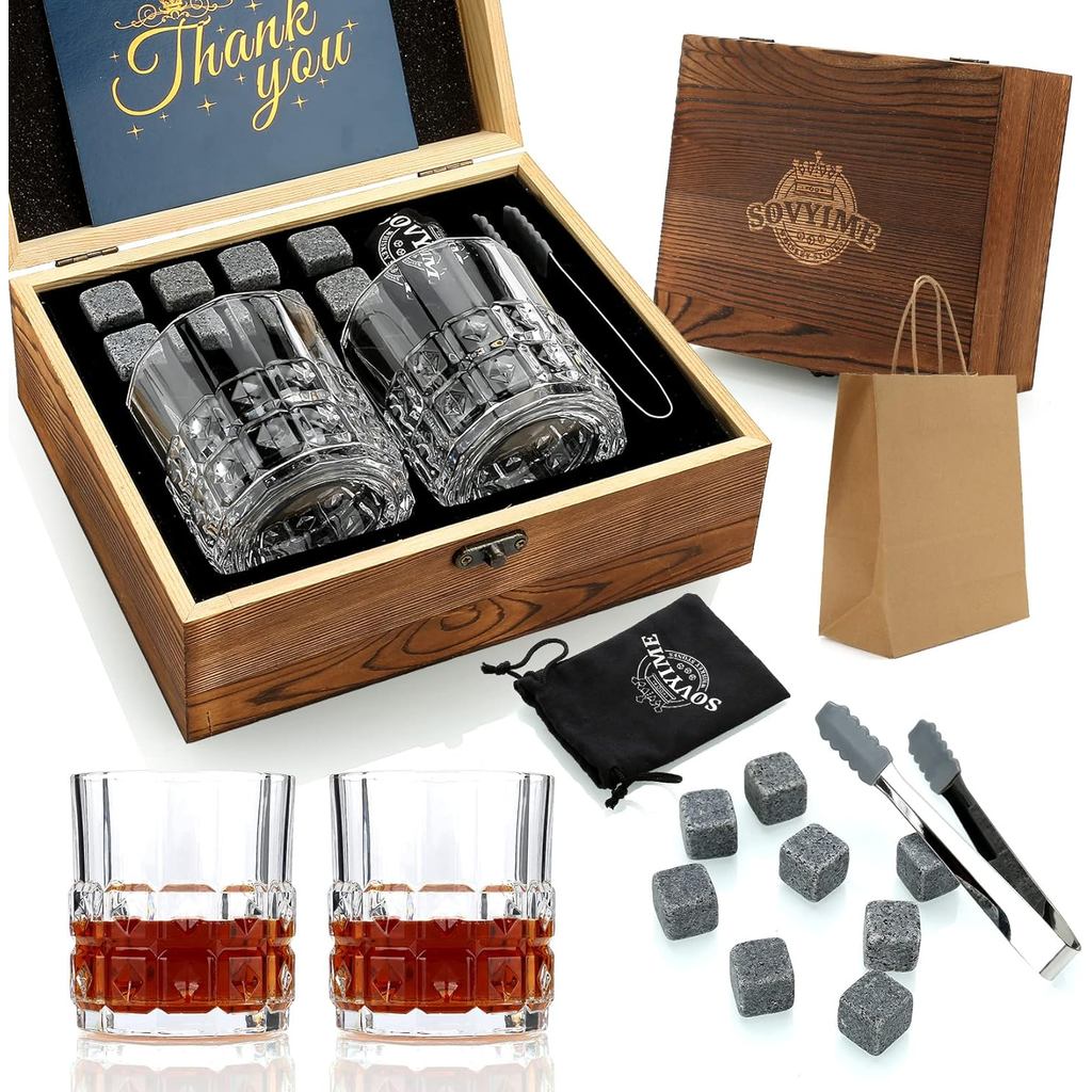 Conjunto de presente de uísque para homens, conjunto de copos de uísque (2 peças), pedras de granito para resfriar uísqu
