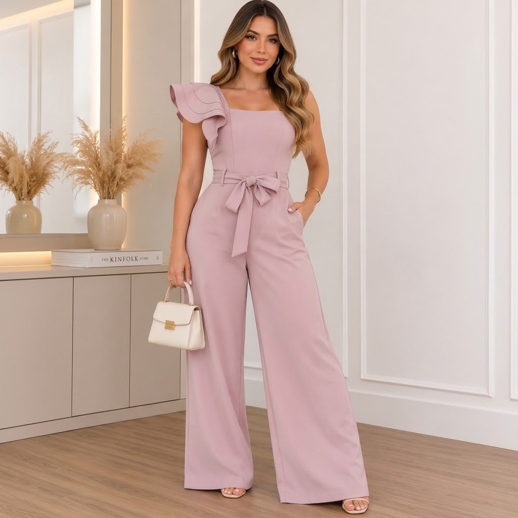 Y26019 Macacão Pantalona de Um Ombro Só com Babados