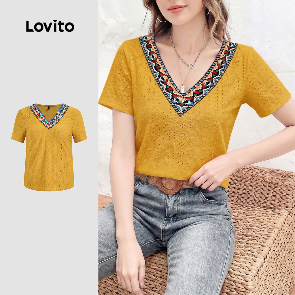 Lovito Boho Camiseta Jacquard Estilo Nacional Primavera/verão Verde Camiseta feminina L198ED133