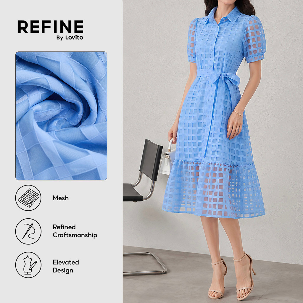 (Elegante) (Refine by Lovito) Vestido de Botões com Cinto para Primavera/verão Azul para mulheres LR13L065