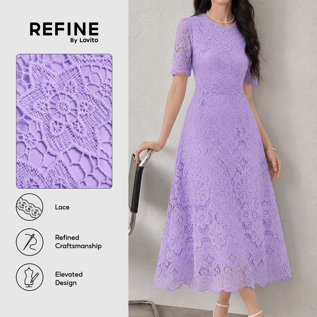 (Refine by Lovito)Vestido Elegante de Renda Oca com Babado Exagerado para Primavera/verão Roxo Feminino Bordado Trabalho LR35E050