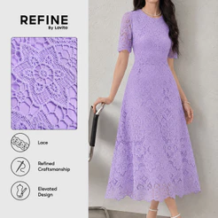 (Refine by Lovito)Vestido Elegante de Renda Oca com Babado Exagerado para Primavera/verão Roxo Feminino Bordado Trabalho LR35E050