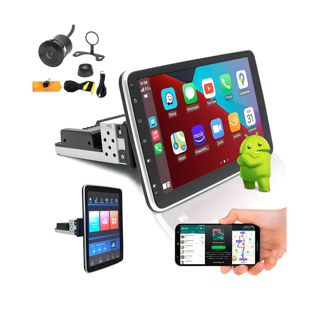 Central Multimídia 1 Din e-tech 10 polegadas combat rotate Mp5 rotativa camera de ré espelhamento Android Auto Car Play