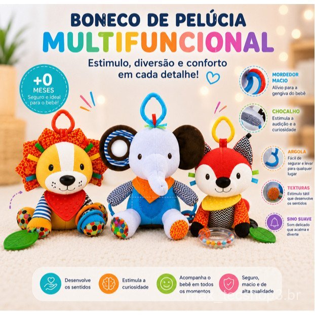 Brinquedo Bebe e Crianças Sensorial Animais de Pelúcia com Mordedor e Chocalho