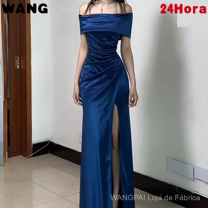 Vestido Longo de Festa Feminino em Cetim Liso com Decote Ombro a Ombro e Fenda