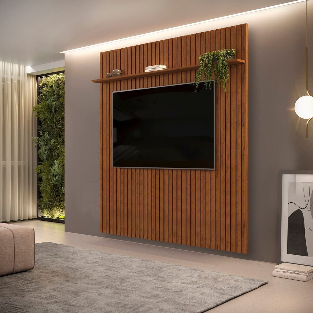 Painel Ripado para TV até 75 Polegadas MDF 223CMX240CM 1 Prateleira Trento Marrom Freijó