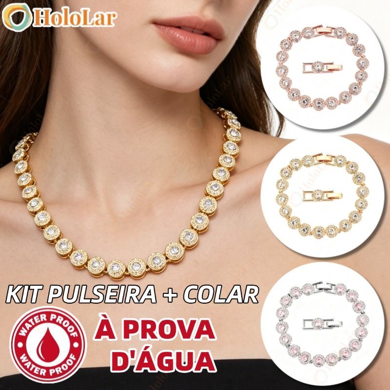 Conjunto Corrente Cubana Redonda e Pulseira Unissex Cravejada com Diamantes Prateado Hip Hop-HO