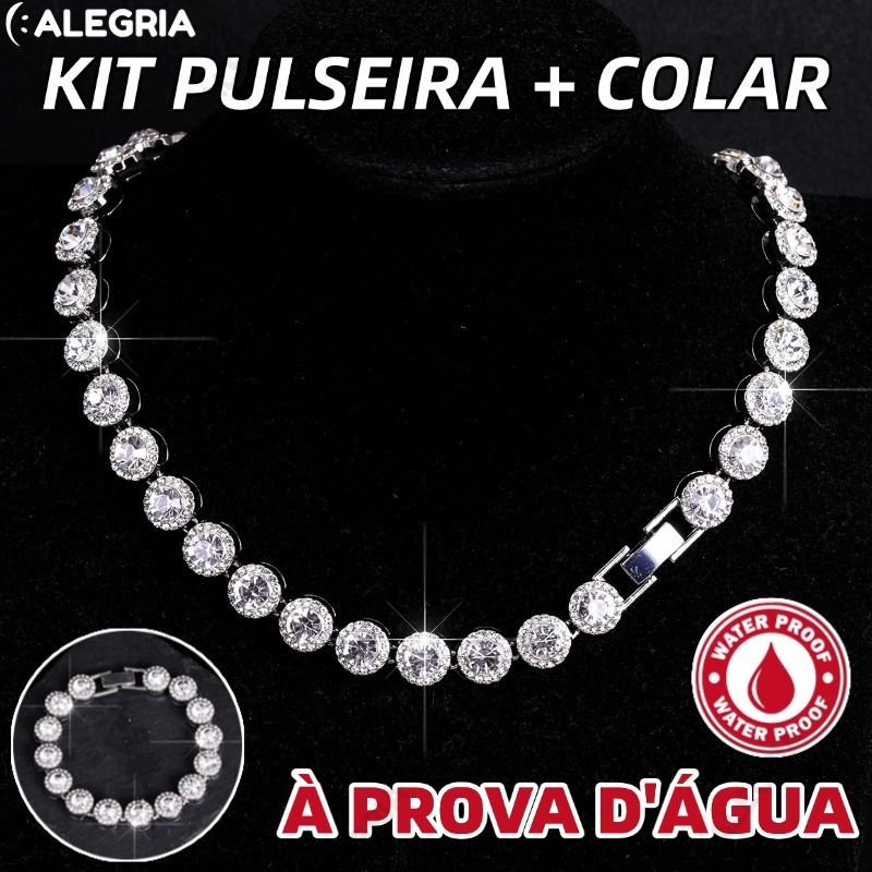 Conjunto Corrente Cubana Redonda e Pulseira Unissex Cravejada com Diamantes Prateado Hip Hop-AR