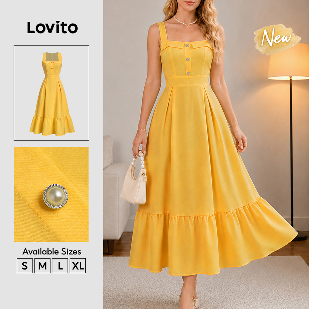 Lovito Vestido Feminino Elegante Amarelo Modelo Longo com Babado Botão e Zíper Primavera Verão Casual Fim de Semana e Traje de Trabalho DRB39BR017