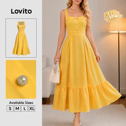 Lovito Vestido Feminino Elegante Amarelo Modelo Longo com Babado Botão e Zíper Primavera Verão Casual Fim de Semana e Traje de Trabalho DRB39BR017