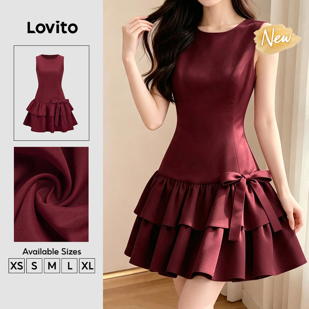 (New Arrival) Lovito Casual Vestido Curto Evase Borgonha Camadas Laço Frontal Primavera Verão Fim De Semana Para Mulheres DRB204P1D063