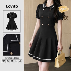 (New Arrival) Lovito Casual Vestido Curto Evase off White Botão Duplo Pregos Barra Contraste Primavera Verão Fim De Semana Para Mulheres DRB205P2D186