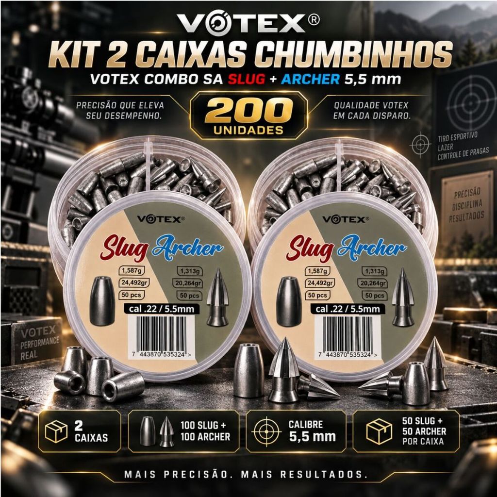 Kit 2 Caixas Chumbinhos Votex Combo SA Slug + Archer 5,5 mm - 200 Unidades