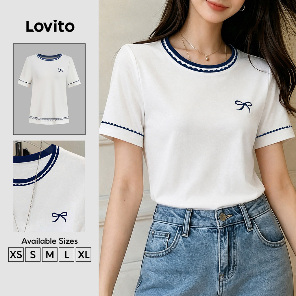 Lovito Camiseta Casual e Acabamento em Viés Primavera/verão Off white L196ED737