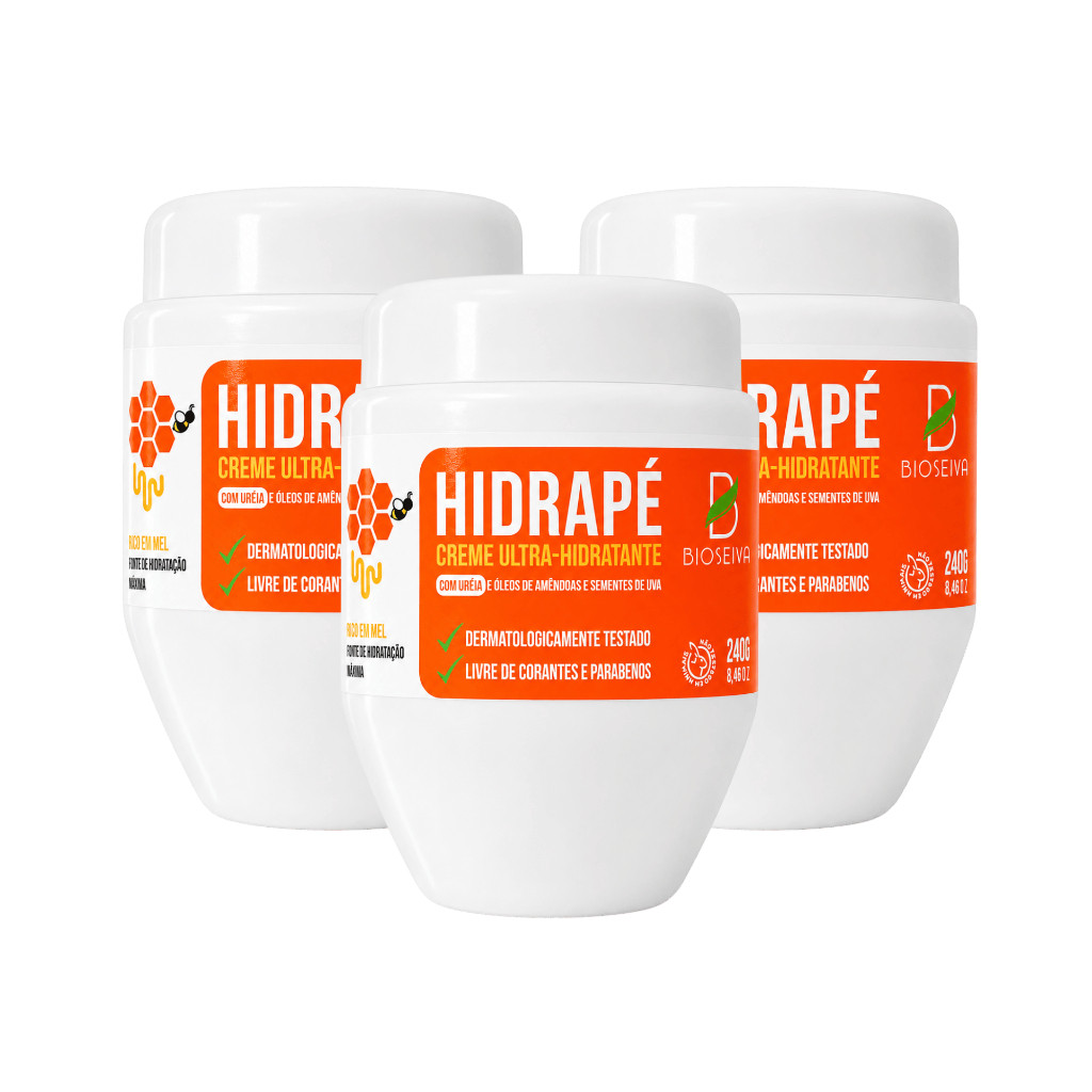 Kit 3 Unidades Creme Hidratante para Pés Ureia Mel Hidrapé BioSeiva Rachaduras Calosidades 240g