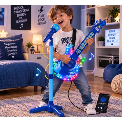Guitarra Infantil Musical Microfone Pedestal Karaokê Bluetooth Azul Som Portátil Criança