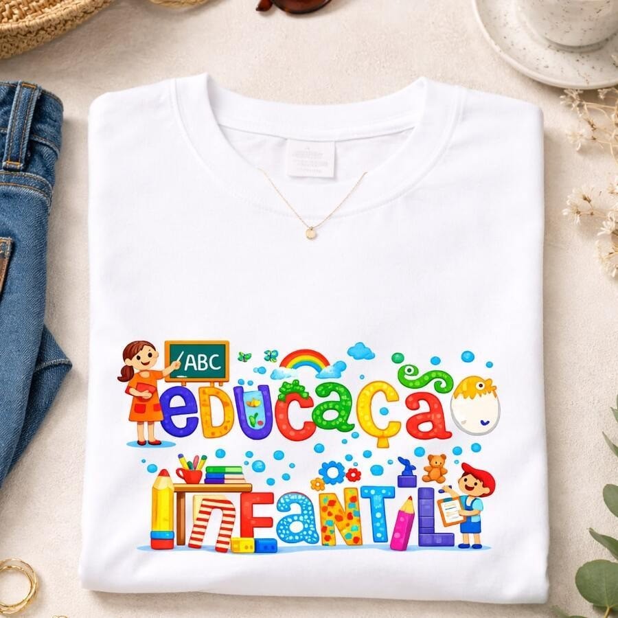 Camiseta Professora Educação Infantil Feminina 100% Algodão Manga Curta Gola Redonda Básica Confortável Para dia a dia