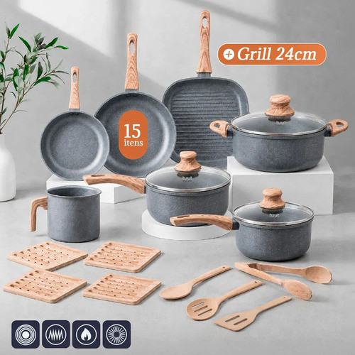 Jogo De Panelas 15 Peças Grill 24cm Cerâmica Alumínio Antiaderente Pfoa Free Soft Touch 3 Camadas Induçã Ecoglide Tuut