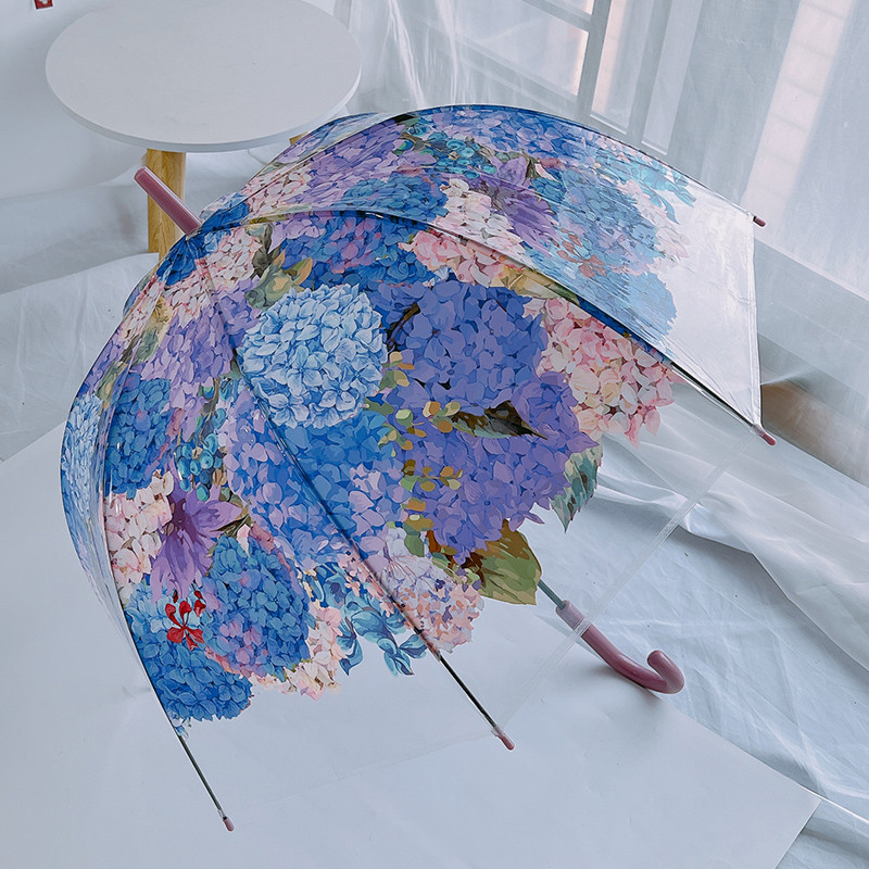 Hortênsia transparente crianças guarda-chuva em linha reta dos desenhos animados bonito guarda-chuva reto de cabo longo 