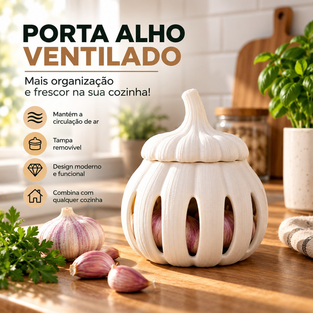 Porta Alho com Tampa Removível - Organizador de Cozinha Ventilado P e G