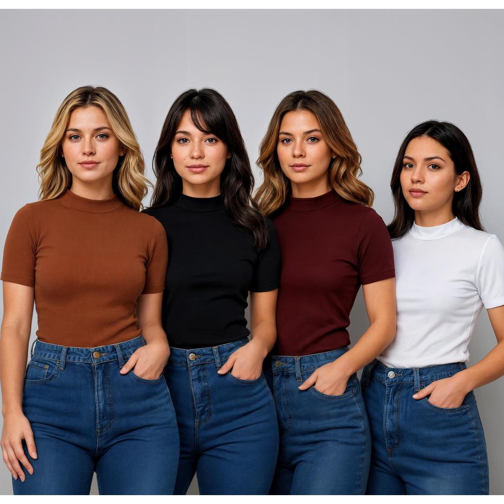 Kit com 4 Blusas Caneladas Gola Média | Coleção Verão