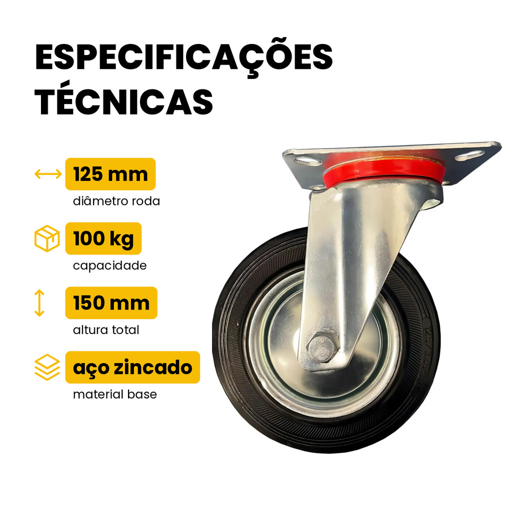 Rodízio Giratório de Borracha 125mm 5 Polegadas 100kg Sem Trava JST · foto 2