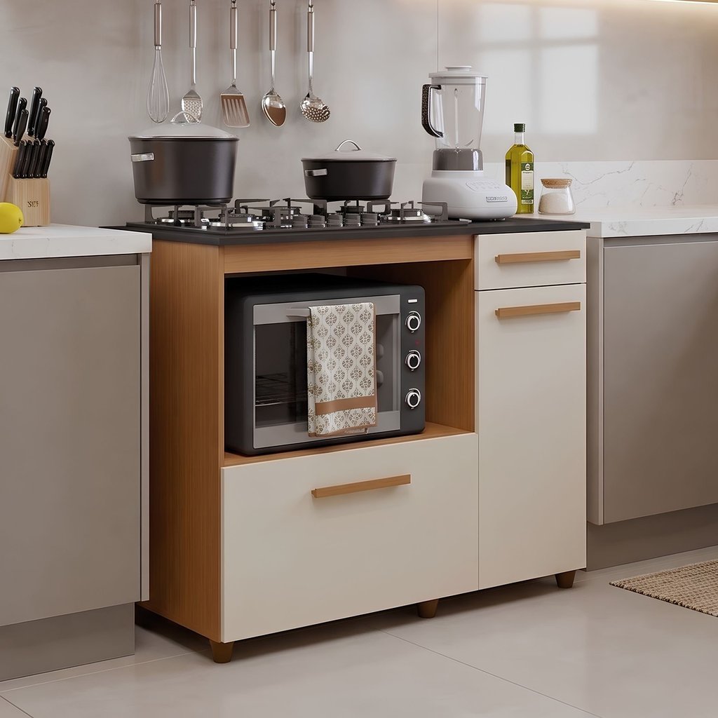 Balcão para Cooktop 2 Portas 1 Gaveta Violeta Nature/Off White