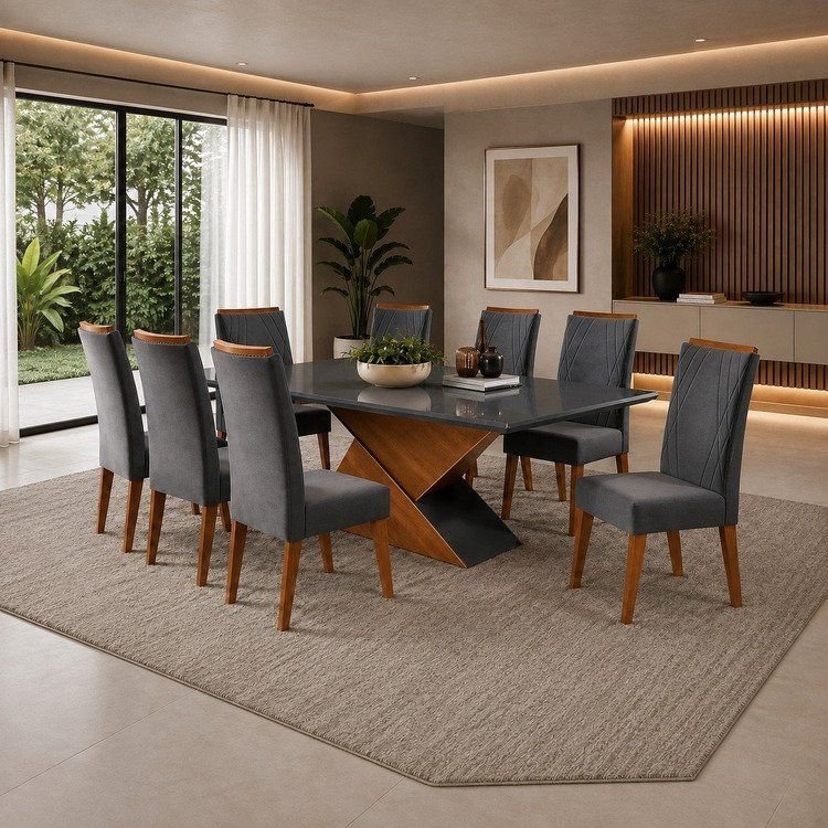 Mesa de Jantar Retangular Pipa com 8 Cadeiras Madeira Maciça Vegas Yescasa Cinza/Mel/Grafite Mel/Cinza/Grafite