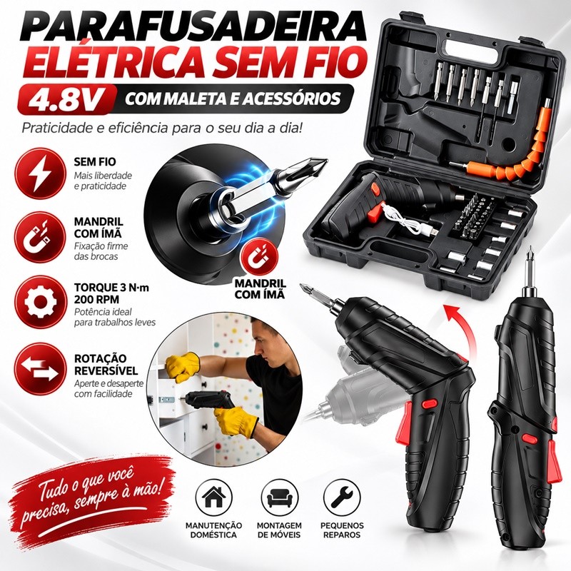 Kit Parafusadeira Elétrica/Furadeira 48 Peças À Bateria Sem Fio Carregador Usb Portátil Leve jimyy