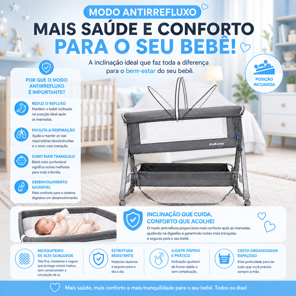 Berço Portátil Moises Co-bed Dobrável Com Abertura Lateral Balanço Mosquiteiro e Cesto até 9kg Cinza KaBaby · foto 2