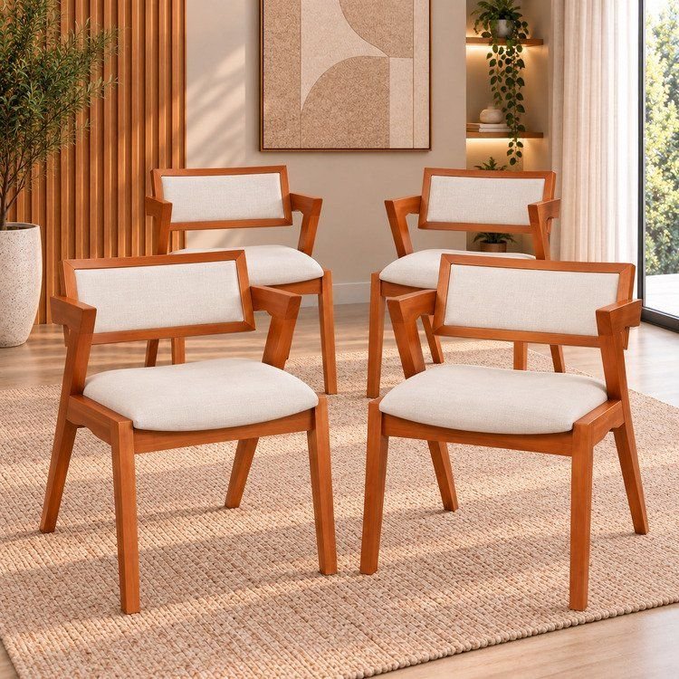 Kit 4 Cadeiras Madeira Maciça e Estofada Ímola Espresso Móveis Champagne/Off White