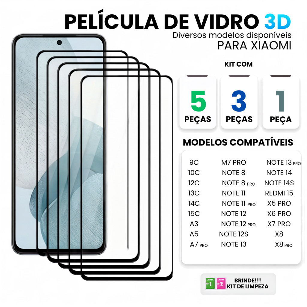 Película de Vidro 3D Temperado Compatível Xiaomi 13C 14C 15C A5 Note 8 Note 11 12 13 14 Poco X5 X6