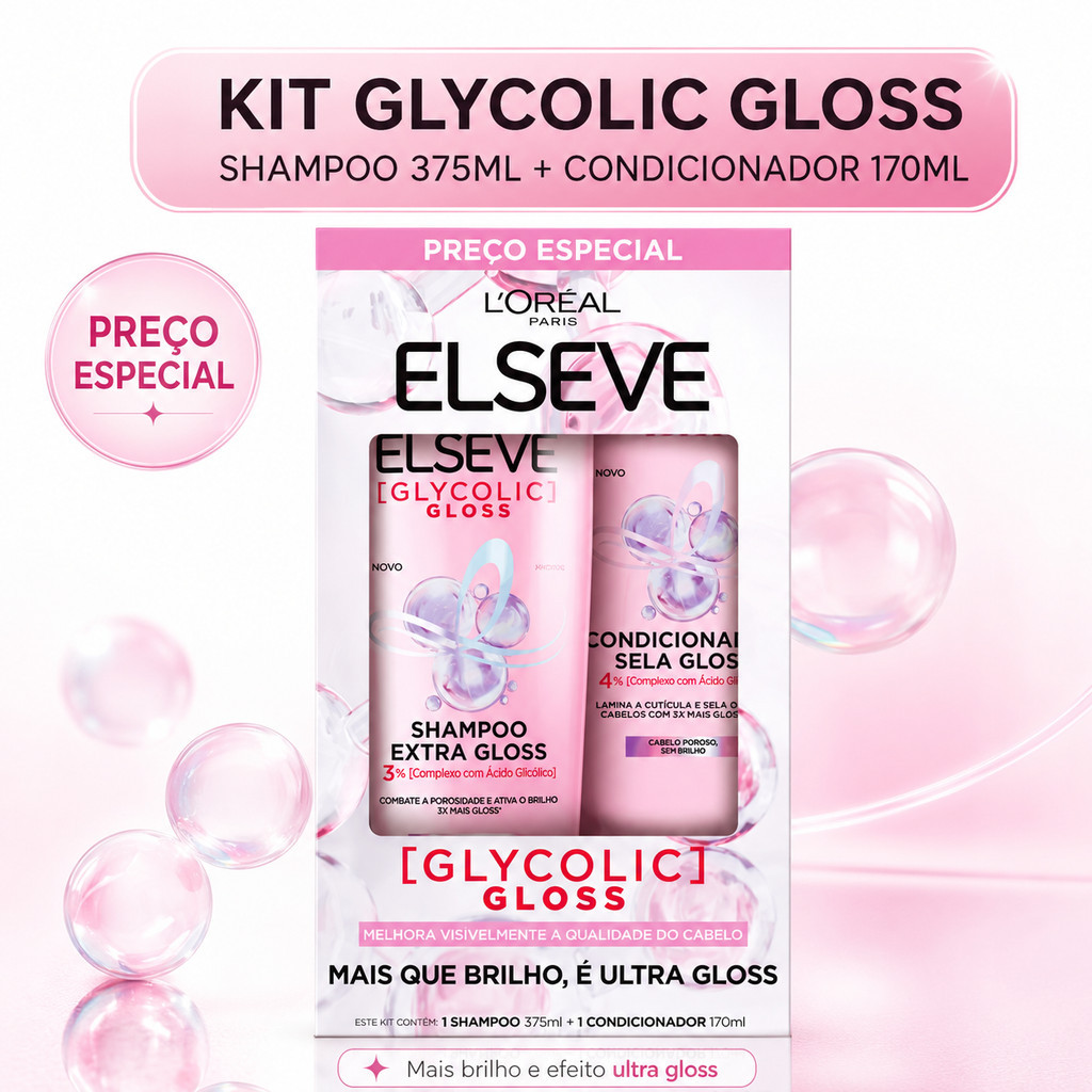 Kit Elseve Glycolic Gloss L'Oréal Paris Shampoo 375ml + Condicionador 170ml Brilho Ultra Gloss e Fios Alinhados