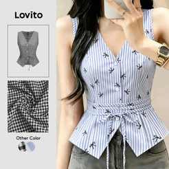 Lovito Boho Top Botão Top Azul Primavera/verão para Mulheres L183ED1076