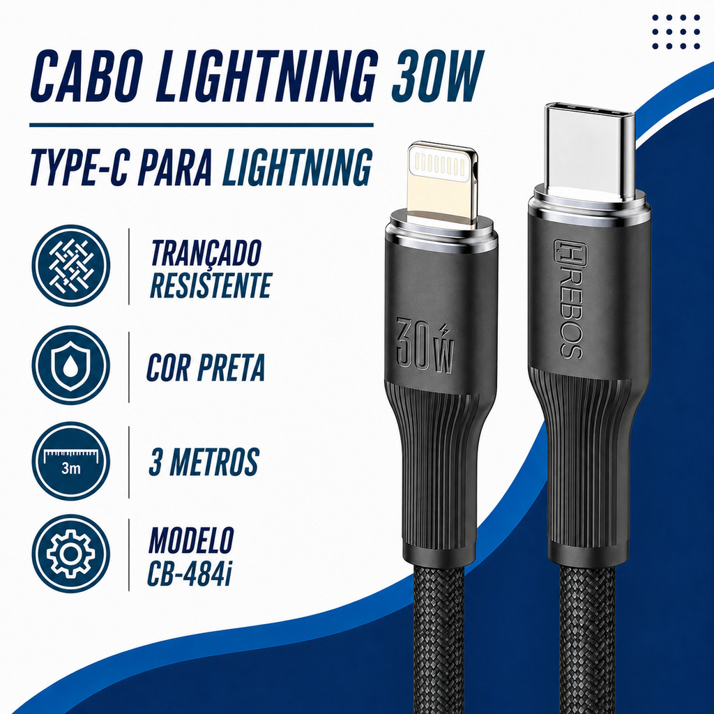 Cabo Lightning 30W 1m 2m 3m Compatível iPhone 14 13 12 11 X XR 9 8 Pro Max Turbo Trançado Resistente