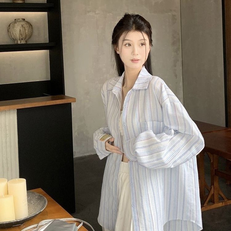 Estilo preguiçoso listrado estilo fino manga comprida protetor solar camisa feminina verão novo estilo solto All-Match C