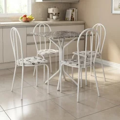 Conjunto Sala de Jantar Mesa Tampo de Granito Quadrada com 4 Cadeiras Thais Branco/Flor Branco/Branco Flor