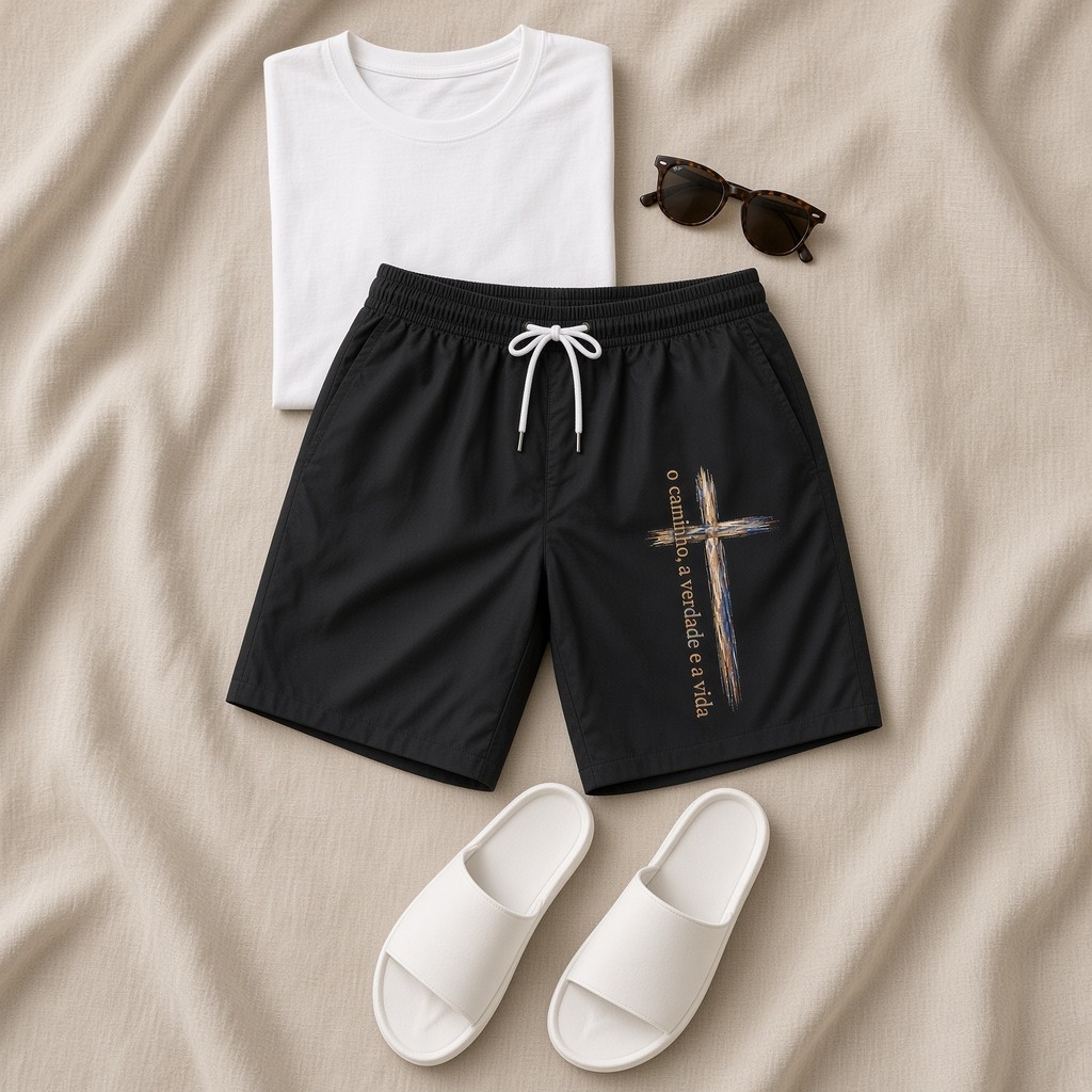 Short Moda Praia Masculino Bermuda Cruz Caminho a Verdade Verão Tec Tell Academia Treino Corrida Musculacao Fit
