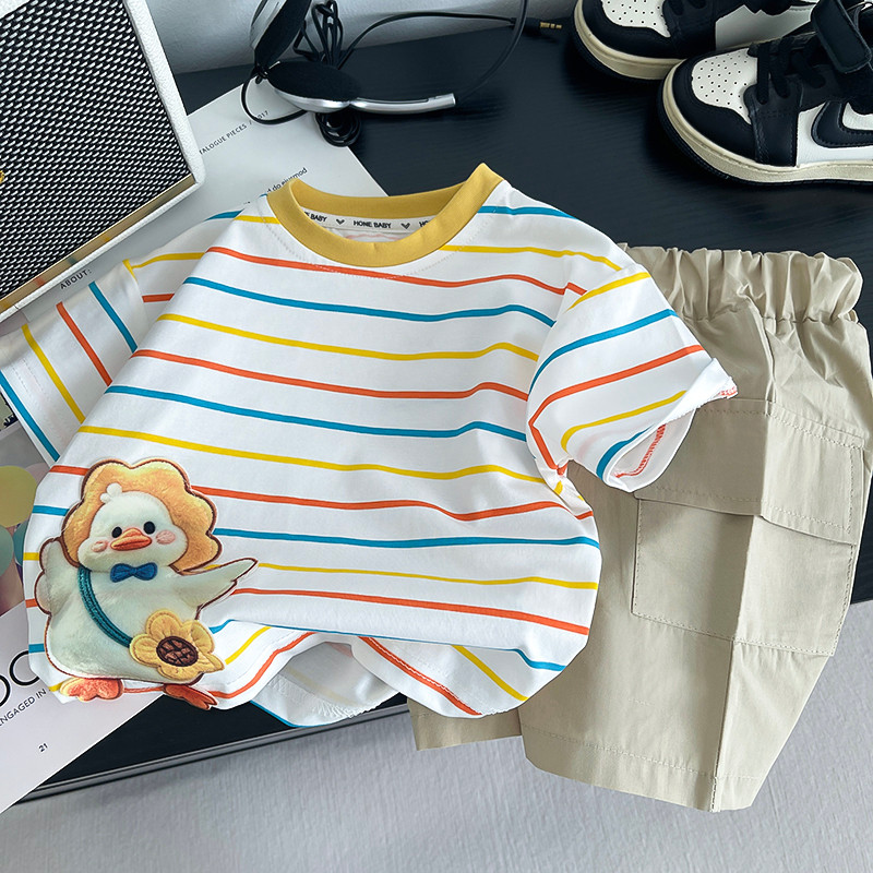 Bebê terno de manga curta verão estilo fino meninos verão Shorts camiseta listrado roupas dos desenhos animados crianças