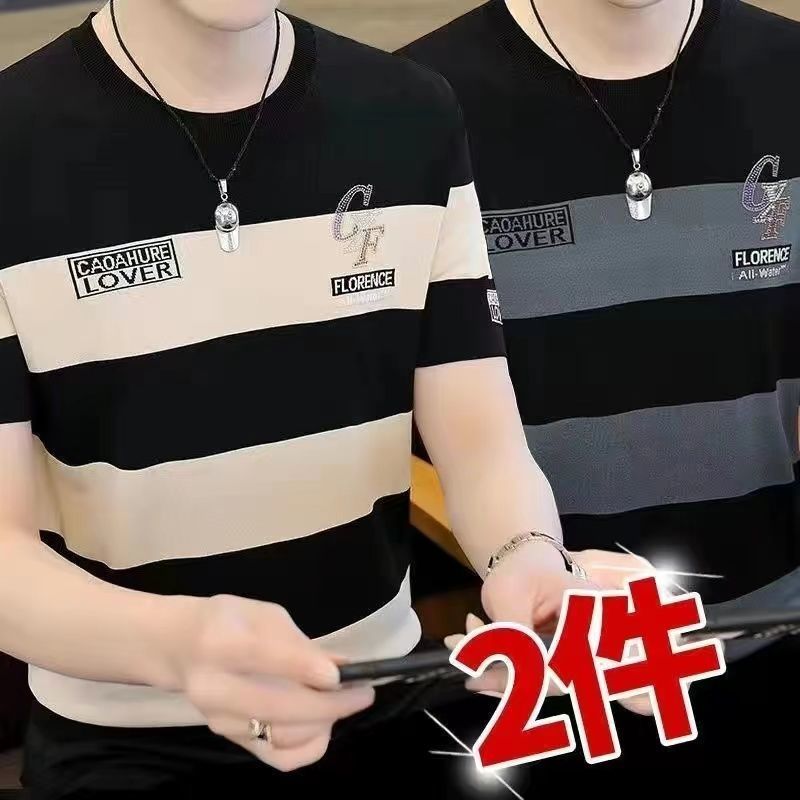 Camiseta masculina de manga curta com gola redonda e gola redonda, roupa de rua moderna, listrada combinada