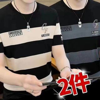 Camiseta masculina de manga curta com gola redonda e gola redonda, roupa de rua moderna, listrada combinada