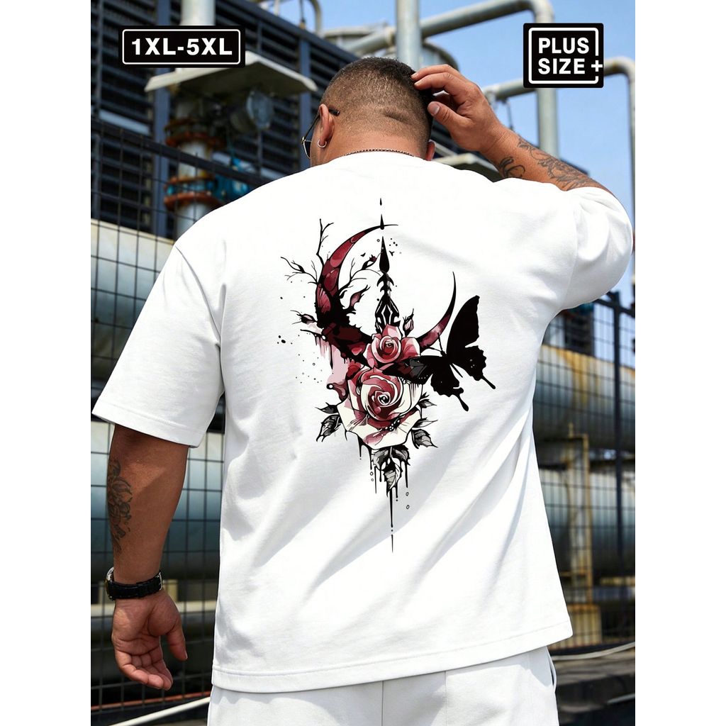 Camiseta Masculina Estampa Lua Rosa Borboleta Dark Confortável Estiloso Moderno Descolado Casual Plus Size Urbano